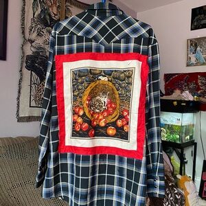 Custom patched flannel shackett / button up fits XL